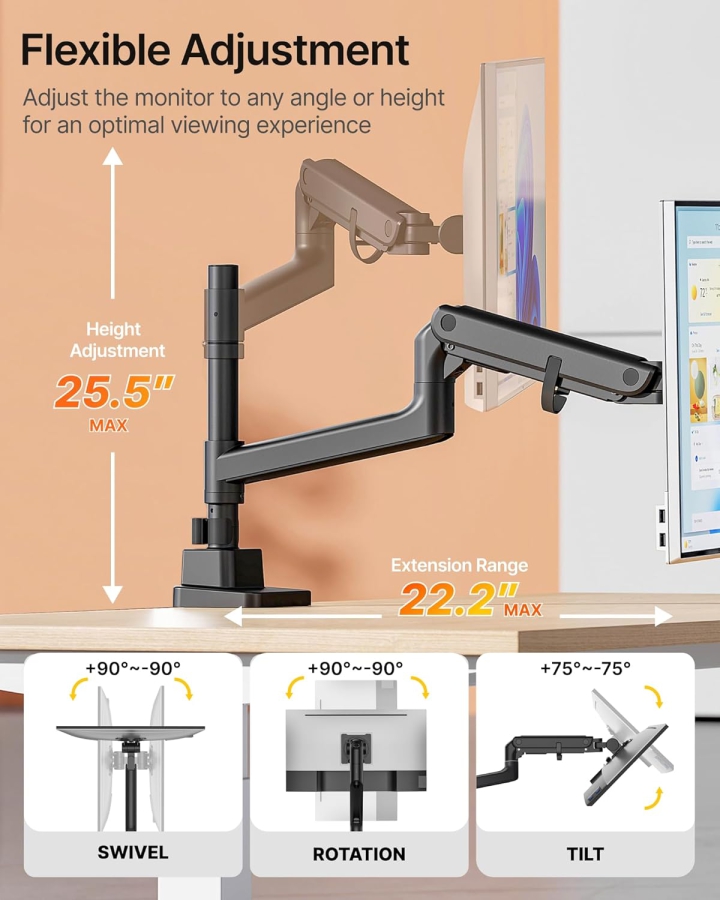 monTEK brazo de monitor Heavy-Duty - 1 monitor - [17-57" / hasta 27 kg] - USB-C y mástil central XXL